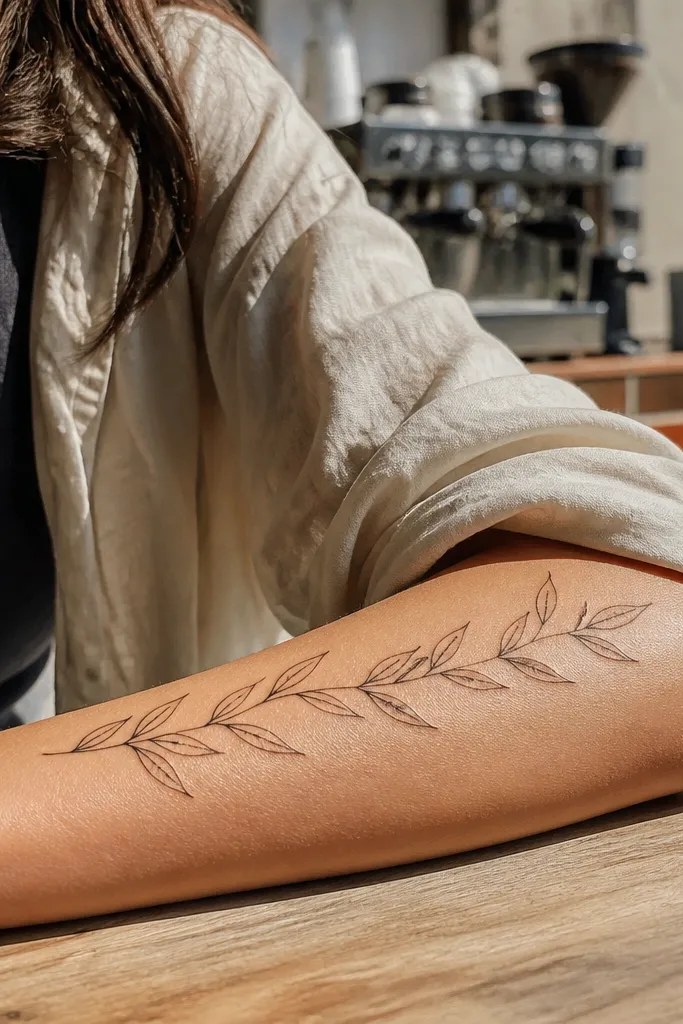 A fine line olive wrap shows leaves alternating in a chevron rhythm along the forearm. The stem runs diagonally, and each leaf pair flips direction so the tips form a zig-zag pattern. There are tiny vein lines drawn on each leaf tip, and a small olive oval sits at one midpoint.