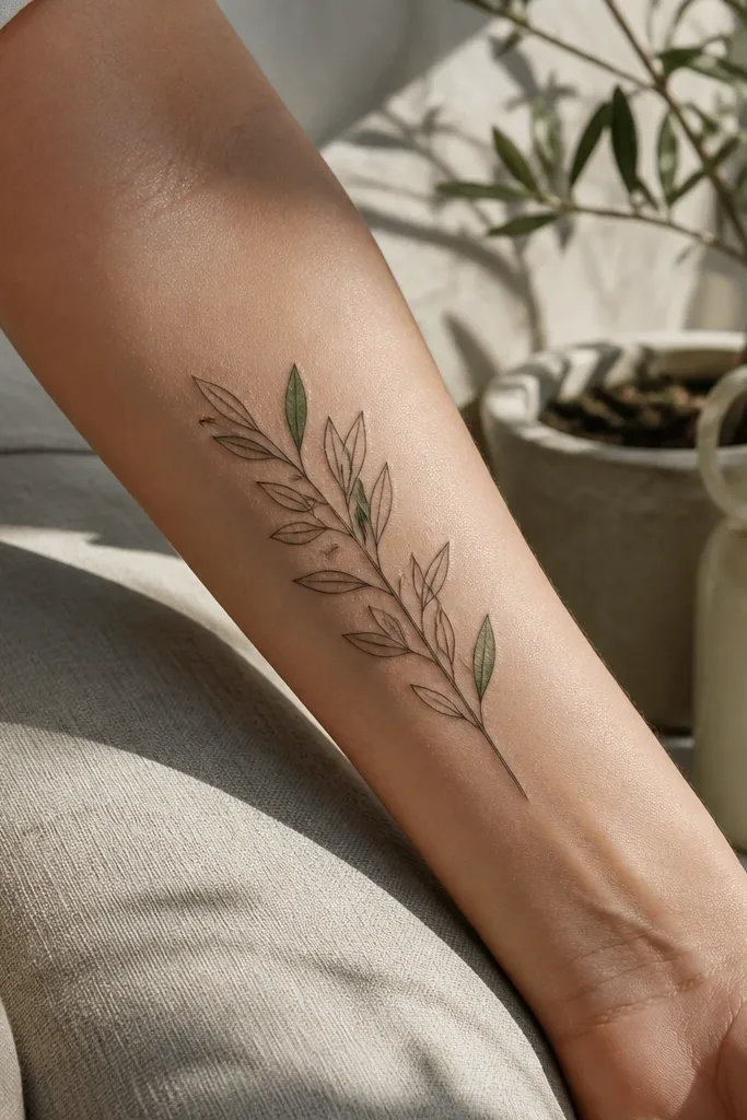 A fine line olive branch wraps around the outer forearm. Most linework is black, but select leaf interiors have a very light sage-green wash. The leaves are almond-shaped with crisp outlines, and tiny vein lines show through the green tint. A few olive ovals are outlined only, with no color fill.