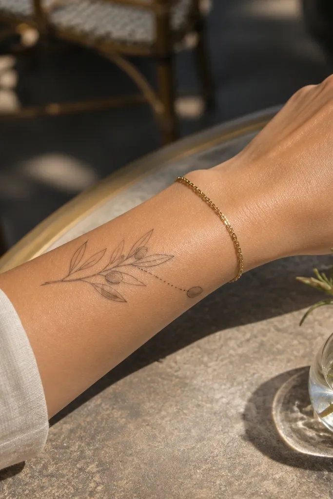 A fine line olive branch wraps the forearm with a chain of tiny olive ovals spaced like beads along the stem. Leaves are smaller and fewer, mostly placed between the bead-like olives. The stem line is crisp and slightly thicker, and the olive ovals have tiny inner dots for seeds.