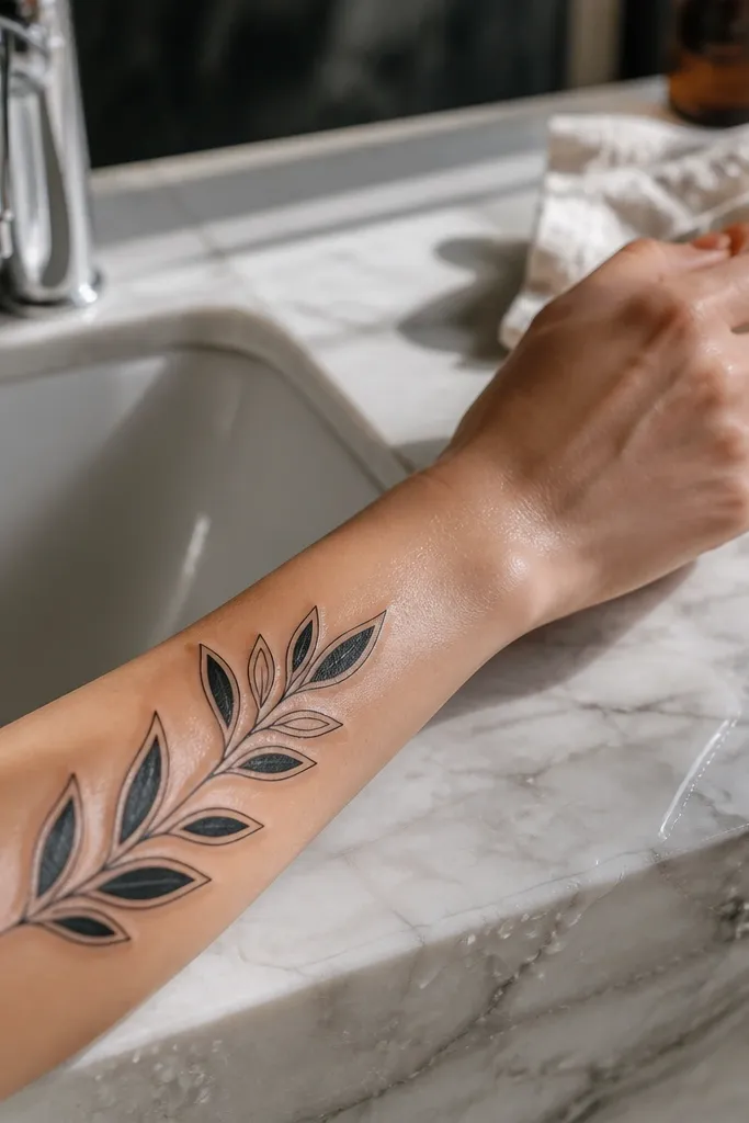 A fine line olive branch wraps the forearm, but each leaf pair sits inside a thin outlined negative-space frame. The frames are minimal - a curved line that suggests a border around each leaf cluster. The leaves have crisp veins, and the branch spine is slightly thicker.