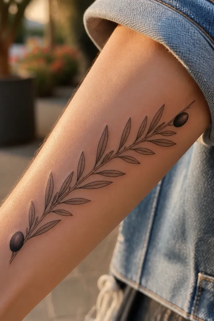 A fine line olive branch wraps around the forearm with lots of leaves but only two olive ovals - one near the elbow side and one near the wrist side. The leaves are small, evenly spaced, and have single-needle vein lines. The branch spine is clean and continuous.