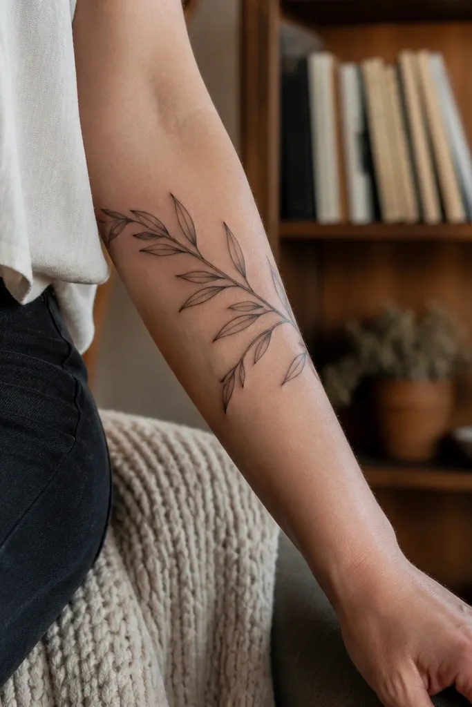 A fine line olive branch tattoo wraps the outer forearm with leaves that taper into slightly feathered tips. The leaf veins are drawn in a gradient style - central line stays crisp, side lines get thinner. The stem is smooth with a gentle curve and no color.
