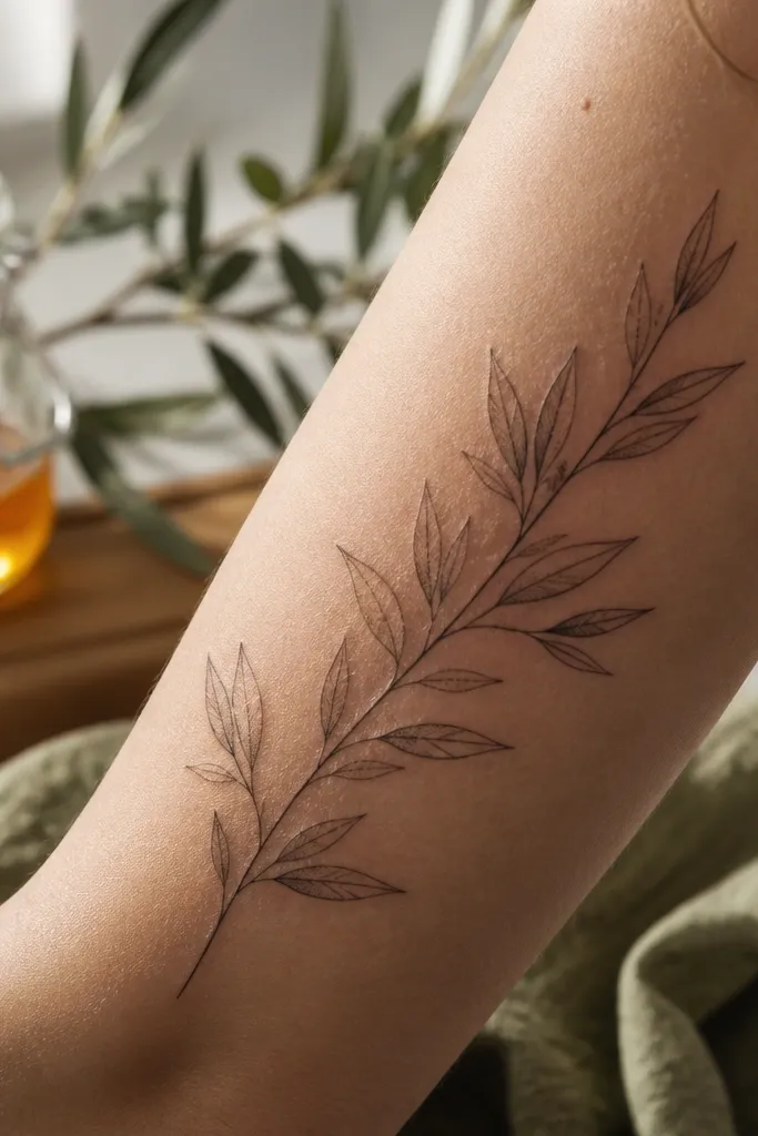 A fine line olive branch wraps the forearm with crisp black outlines and tiny micro dots under select leaf clusters like shadow specks. The leaves have central vein lines, and the stem has a slightly heavier outline. Olive ovals appear as simple outlines with a single dot inside.