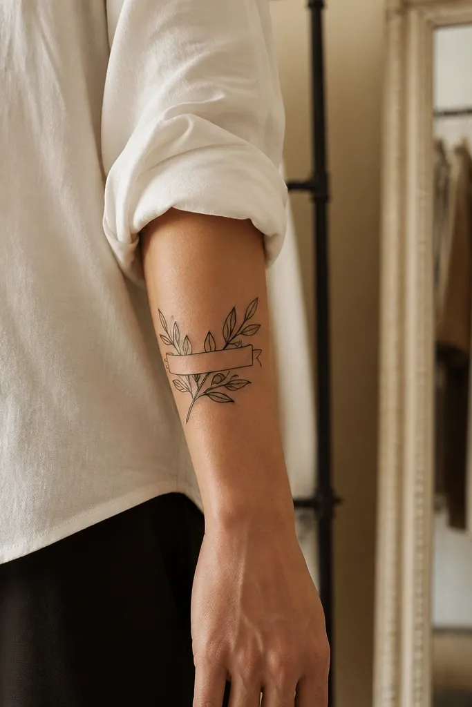 A fine line olive branch wraps the forearm, and a thin ribbon banner line crosses the design diagonally. The banner line is plain with a slight curve, no text, and it frames the leaf clusters beneath it. Leaves remain crisp, and the banner line is lighter than the branch spine.