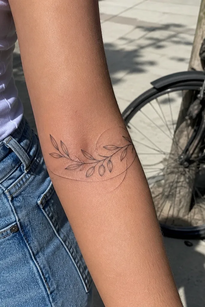 A fine line olive branch wraps the forearm with an extra set of curved "breath" lines drawn near the stem. These extra lines are thin and light, like motion marks, and they follow the arm's curve. Leaves are almond-shaped with crisp veins, and olive ovals are outlined only.
