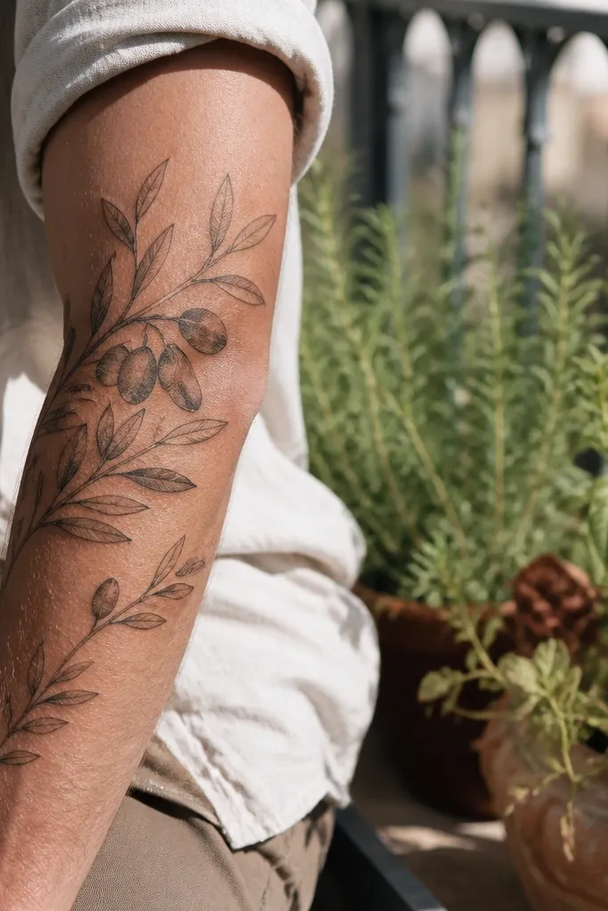 A fine line olive branch wraps the inner forearm, with the densest leaf cluster and a small cluster of three olive ovals near the elbow. The rest of the wrap has fewer leaves and a smoother, lighter feel down toward the wrist. The stem is crisp and slightly thicker at the top.