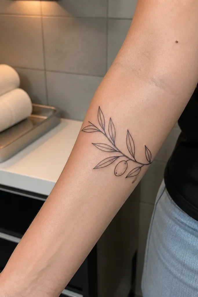 A fine line olive branch wraps the outer forearm with leaves that have a double-outline effect. Each leaf has a crisp outer outline and a second thinner inner contour line. The stem spine is slightly thicker, and there are a few olive ovals with inner seed dots.