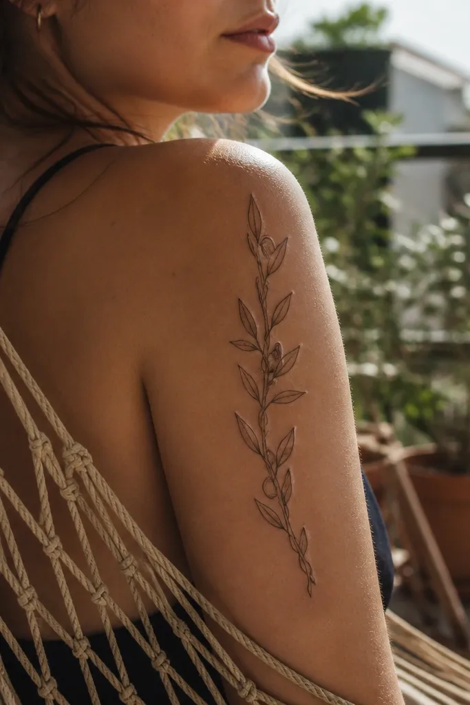 A fine line olive branch wraps around the forearm, and the stem has subtle twist marks like a rope. Leaves sit along the twisted stem and angle outward. Olive ovals appear as small outlined ovals at intervals, with tiny seed dots.