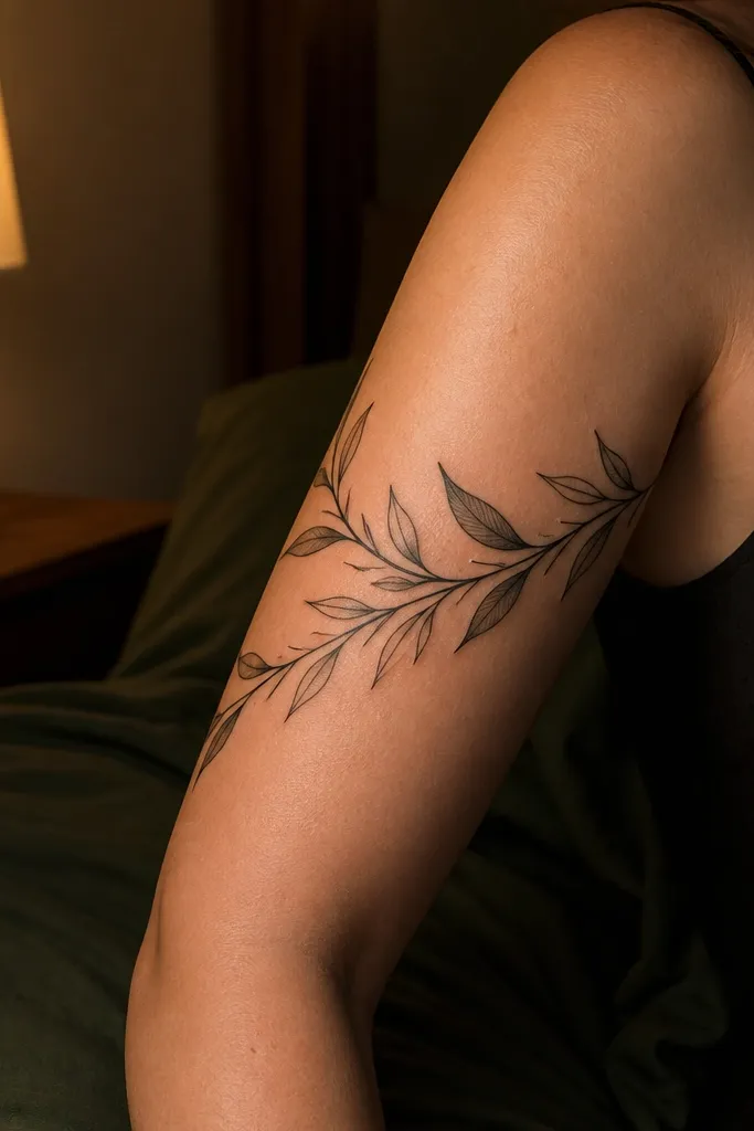 A fine line olive branch wraps the forearm with crisp black outlines and very light gray shading under the leaves, like underbellies. The shading is tiny and sits only near the leaf base. Olive ovals are outlined in black only, with no fill shading.