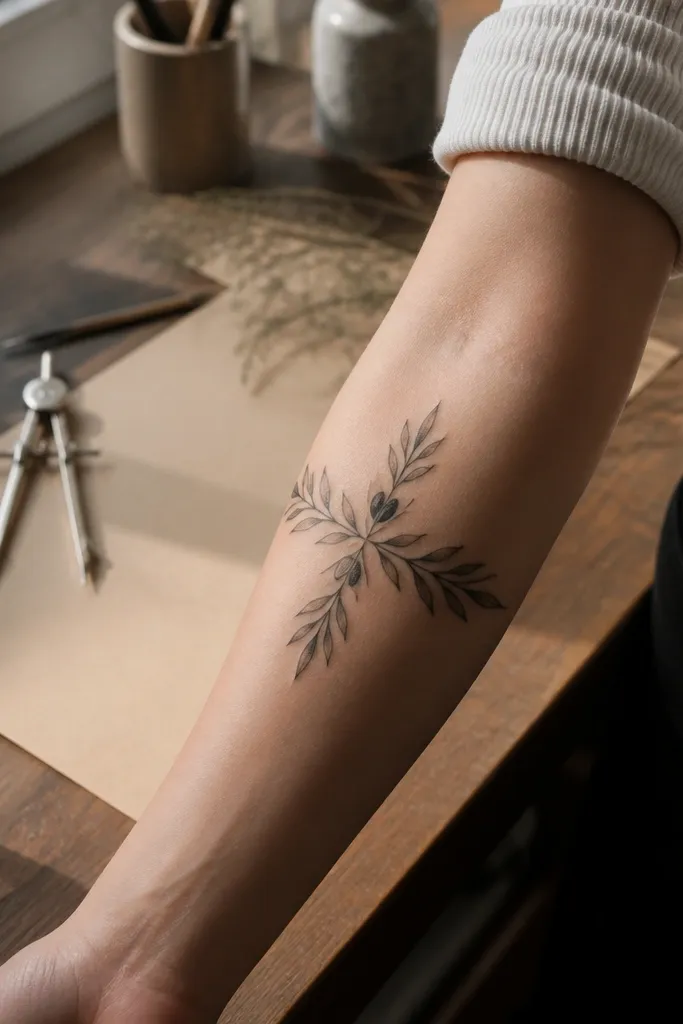 A fine line olive branch wraps the upper forearm with leaf pairs that mirror inward, forming a subtle compass-like symmetry. The stem runs diagonally, and leaves open outward like arrowheads. There are two olive ovals placed opposite each other along the wrap.