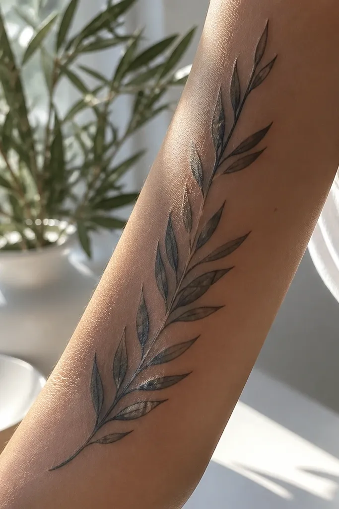 A fine line olive branch wraps the forearm with leaves that overlap slightly. Inside the overlap gaps, you can spot small olive ovals tucked between leaf pairs. The main stem is crisp and slightly thicker, and leaf veins are drawn with single lines.
