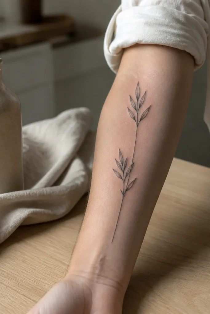 A dark ink olive branch tattoo running vertically along the outer forearm of a man, with a thin central stem and only two leaf clusters - one near the mid-forearm and one closer to the wrist. The leaves are small teardrops outlined in black with light gray fill, and the stem has a few tiny twig offshoots.
