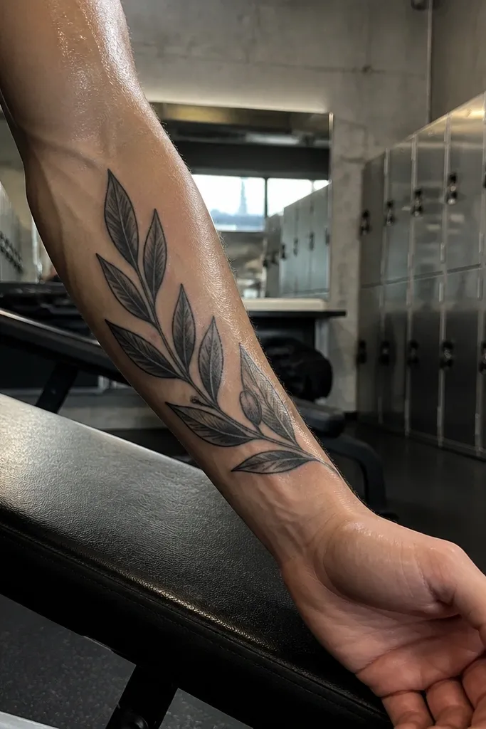 A strong, dark olive branch tattoo on the outer forearm with a thick central stem, heavy black leaf outlines, and minimal gray shading. The leaves are larger than average and slightly angled, giving a confident, graphic look.