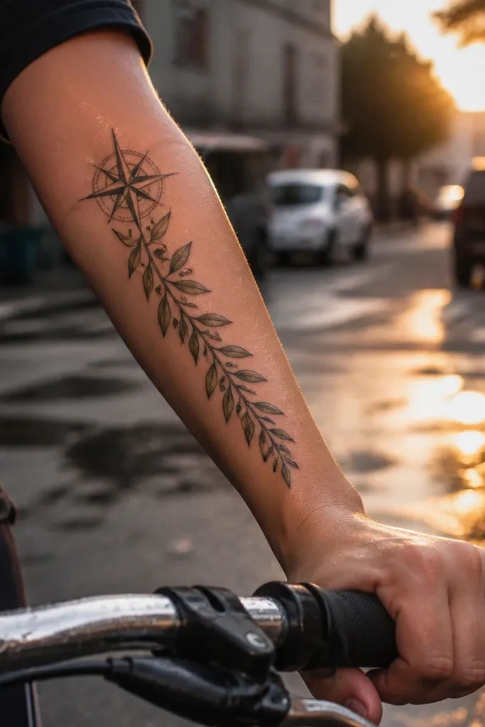 A vertical olive branch on the forearm with a small compass rose integrated at the top where the branches split. The compass is outlined in black with a few thin directional lines, while the leaves below are small and lightly shaded.