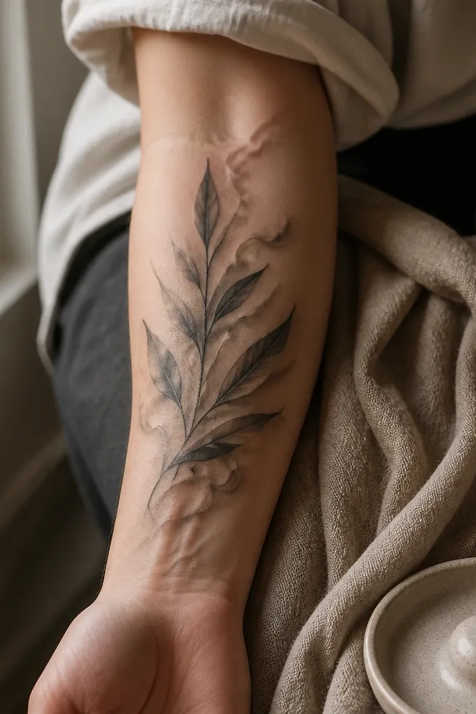 A semi-realistic olive branch tattoo on the forearm with more detailed leaf texture. The leaves have thin vein lines in black and light gray, and behind the branch there's a faint smoky gradient that fades outward.