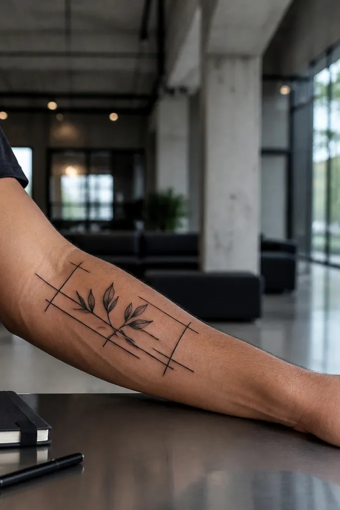 A forearm olive branch tattoo placed inside a thin geometric frame, like a rectangle with slightly rounded corners. The olive leaves are black and grey with clean outlines, and the frame lines are crisp and straight, running along the forearm length.