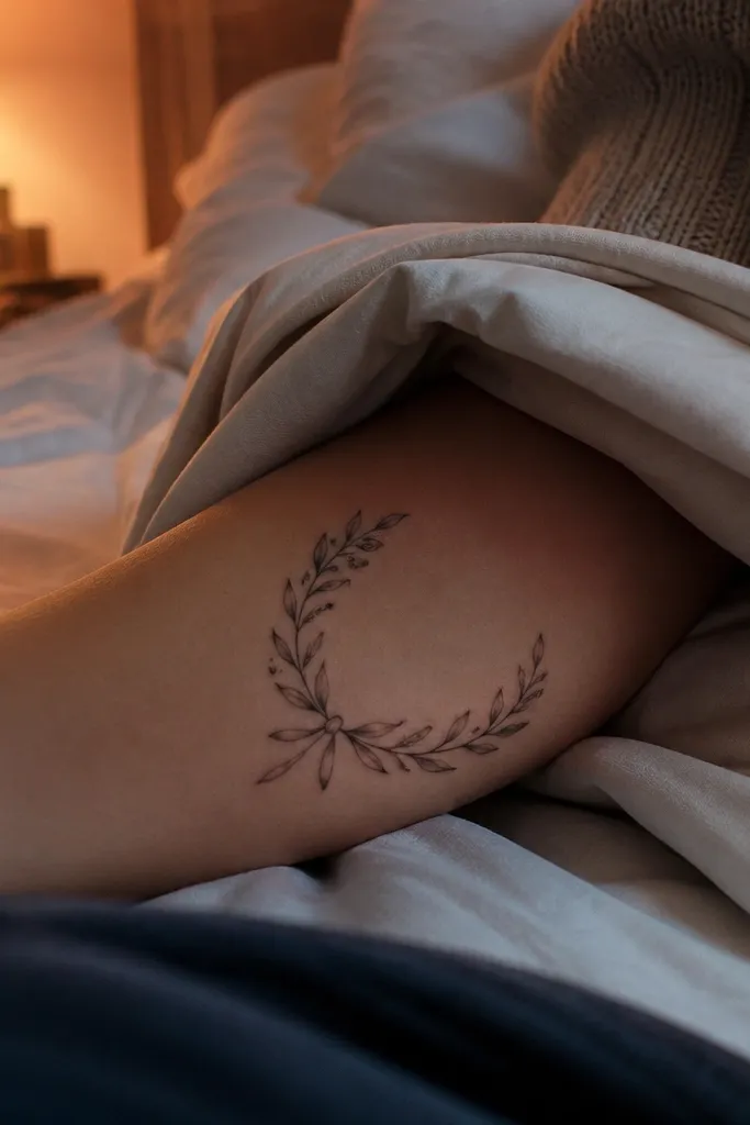 A half olive wreath tattoo on the inner forearm, mostly visible when the arm turns outward. The leaves are black-and-grey with a soft gradient, and at the center is a small ribbon knot with two tails curling upward.