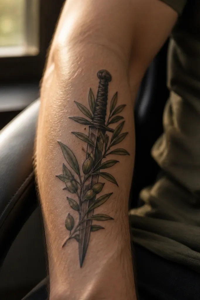 A vertical dagger outline tattoo on the forearm with an olive branch wrapping around the blade. The dagger is mostly black outline with subtle shading, while the leaves wrap around it in two layers, creating a layered look.