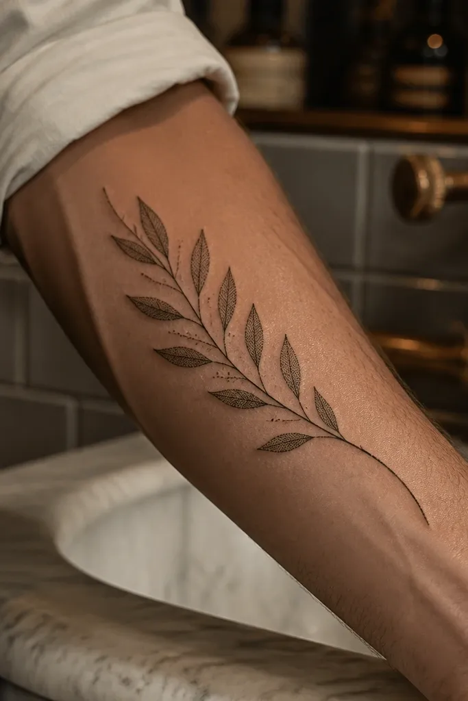 A slim single olive branch tattoo on the forearm with dotwork shading in each leaf. The stem is a thin black line, and each leaf is filled with small dots that fade into the outline.