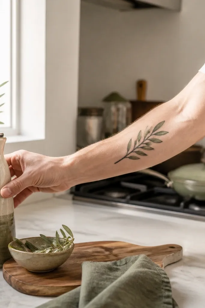 An olive branch tattoo on the outer forearm where the stem and most outlines are black, but the leaf edges have faint watercolor-like green and olive wash. The center of each leaf stays mostly black outline with light gray shading.