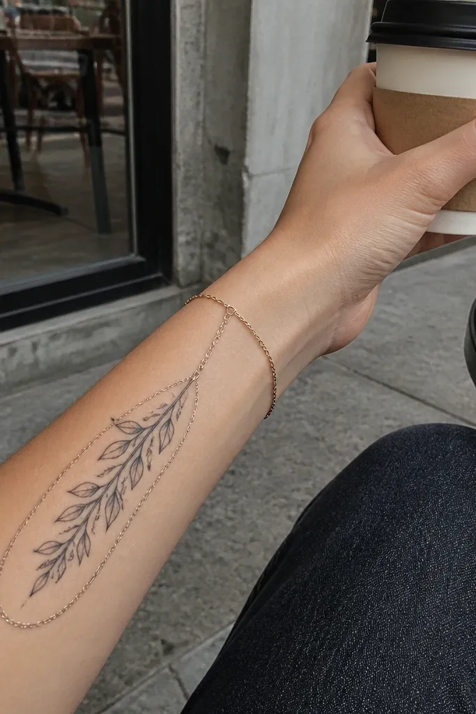 A vertical olive branch on the forearm with micro line leaves - tiny, crisp leaf shapes with minimal shading. Surrounding it is a thin chain-like border line that wraps partway around the branch, creating a boundary.