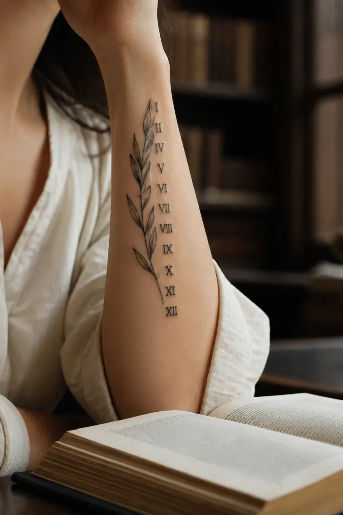 A forearm olive branch tattoo with a vertical strip of Roman numerals on the same axis as the stem. The leaves are black-and-grey with simple outlines, and the numeral strip is a thin rectangular panel with clean lettering.
