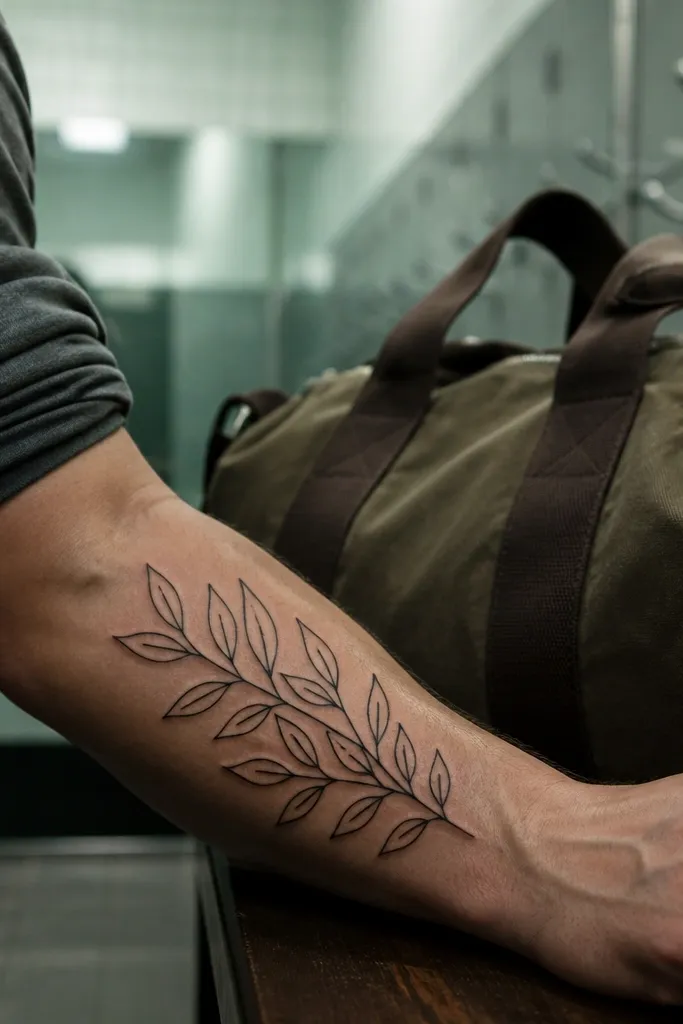 An olive branch forearm tattoo where the leaves are outlined in black but filled with the skin tone, creating strong negative space. The stem is a clean single line, and each leaf has a crisp teardrop outline with a few tiny vein lines drawn in black.