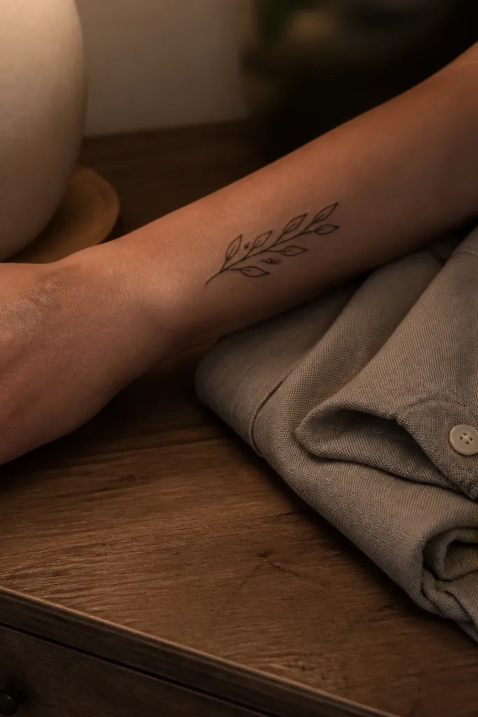 A forearm olive branch tattoo with multiple leaves. In the center leaf cluster, the negative space forms a tiny heart shape, outlined subtly with black linework, while the rest of the leaves are shaded in soft gray.