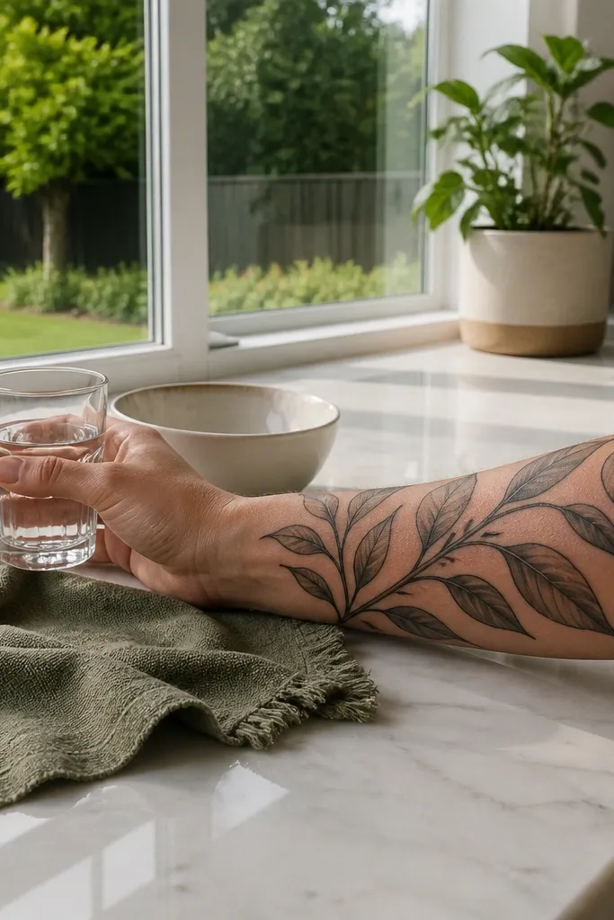 A forearm olive branch tattoo with black outlines and two levels of gray shading. Leaves have darker undersides and lighter upper highlights, giving a slight 3D effect. The stem is clean and the branch angles upward toward the wrist.