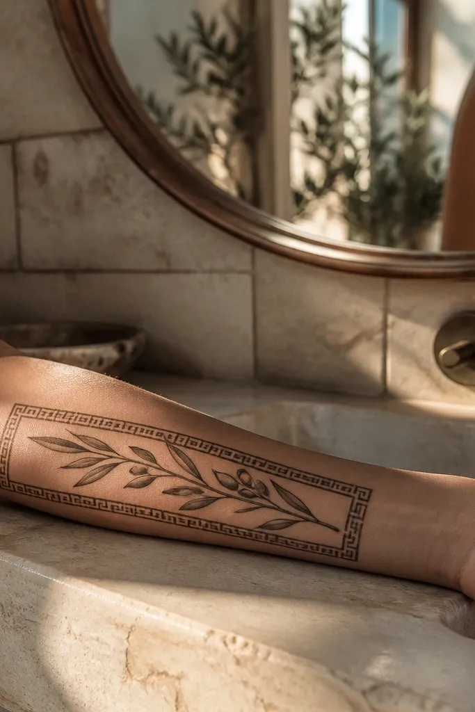 A thin single olive branch curves upward on a woman's inner forearm, surrounded by a narrow Greek key border band. The leaves are small and tapered with fine veins, and the background skin shows through between leaves. The outer line is crisp black with soft gray highlights on the leaf edges; a tiny olive fruit sits near the top bend.