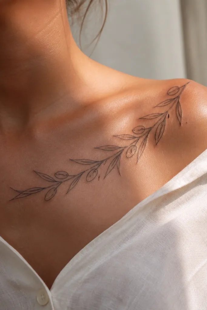 A minimalist olive branch on the collarbone of a model, drawn with super fine black lines. Each leaf is tiny with one or two visible vein lines, and there are three micro olive fruits - small dots with a slight oval shape. The shading is almost invisible, just a few soft gray strokes near leaf edges.