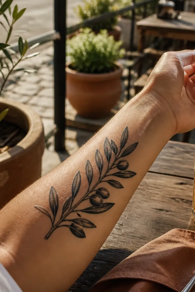 A blackwork olive branch on the outer forearm, with strong black contours and crisp leaf shapes. Each leaf vein has a thin gray highlight line that catches light, and the stem has small shadow gradients. The tattoo sits in a vertical flow, with the top leaves slightly rotated to follow the arm's curve.