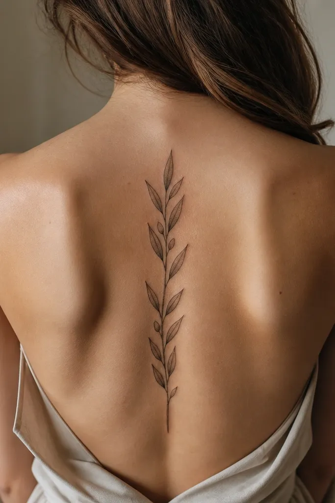 A curved olive branch crown around a small center ribbon on the upper chest. The ribbon has a tiny Greek key pattern band across it, and the branch leaves overlap the ribbon edges. The linework is crisp, with soft gray shading under overlapping leaves and faint highlights at leaf edges.