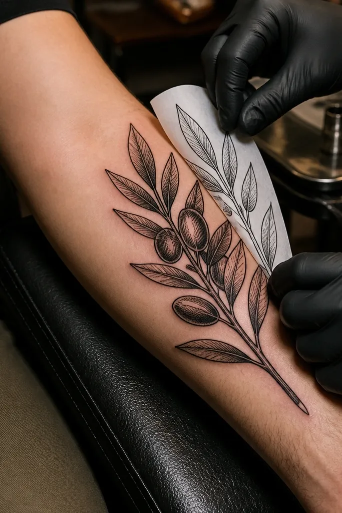 A long olive branch spanning the inner bicep, drawn with fine etched lines and crosshatch shading under each leaf. The stem has a gentle twist, and the leaf edges have tiny highlight breaks where the skin shows through. The overall look resembles an old engraving but stays crisp and modern.