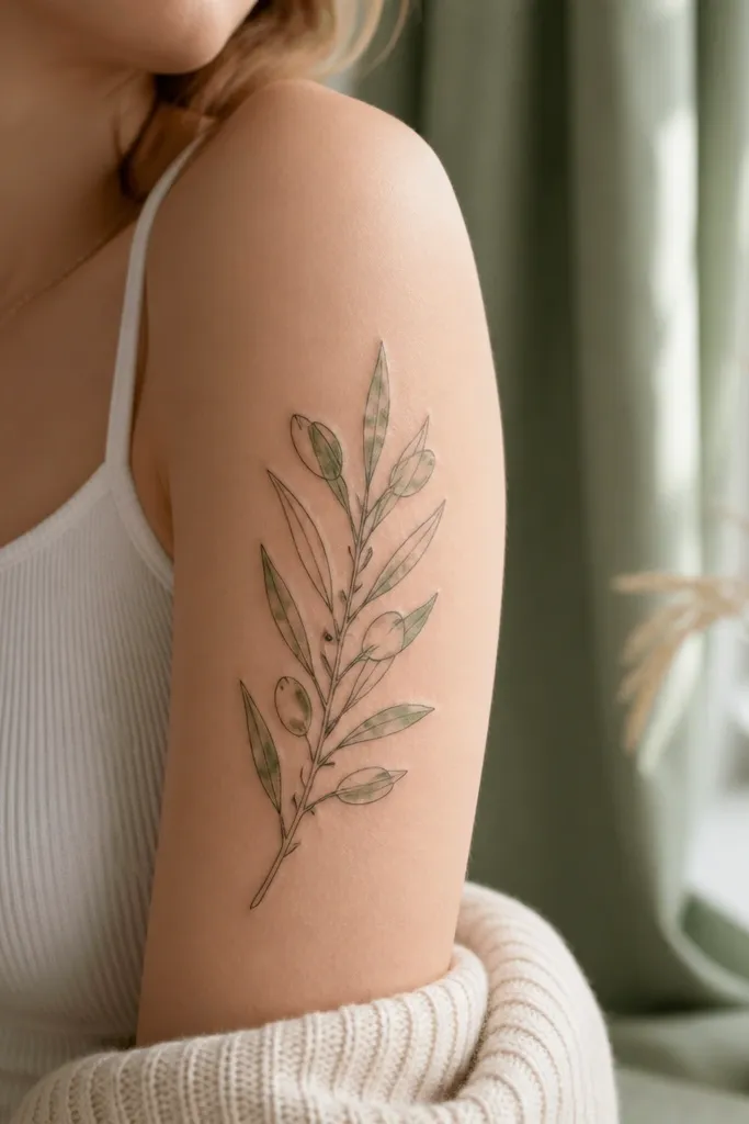A delicate olive branch on the outer wrist with black linework and a soft watercolor edge wash. The leaves have a thin olive-green tint at their outer edges, fading into the skin tone. There are tiny olive fruits as small dark ovals, and the stem is mostly black with minimal gray shadows.