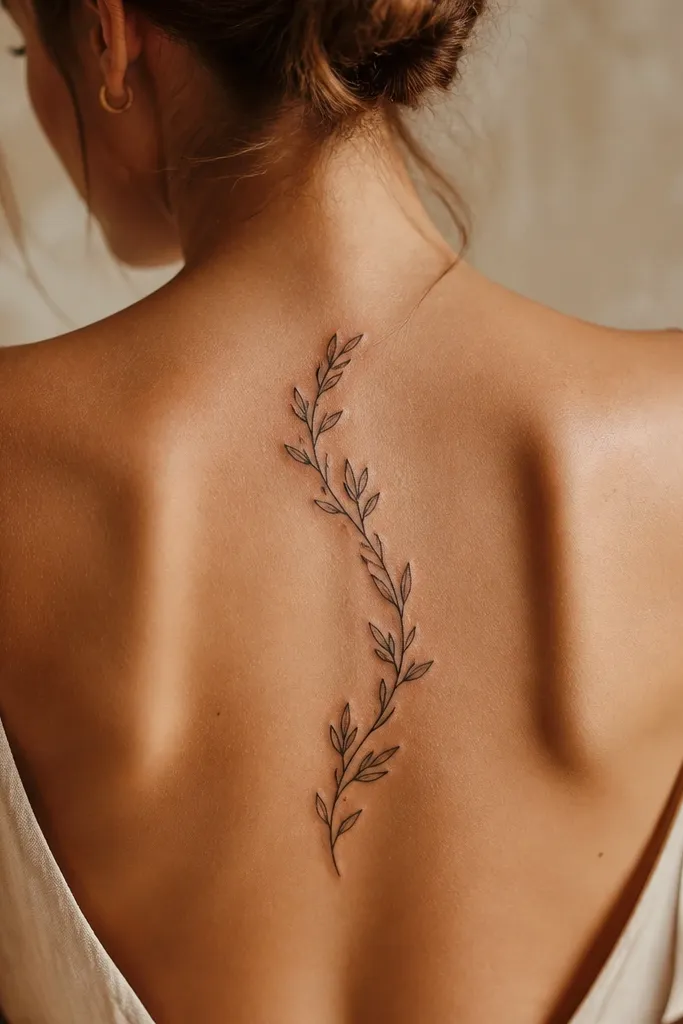 A curved olive branch running along the side of the ribs, with a thin Greek key band only on one edge of the design. The leaves overlap the band slightly, and the shading is soft gray under each leaf. The branch has a slightly heavier stem near the middle, making the whole piece feel anchored.