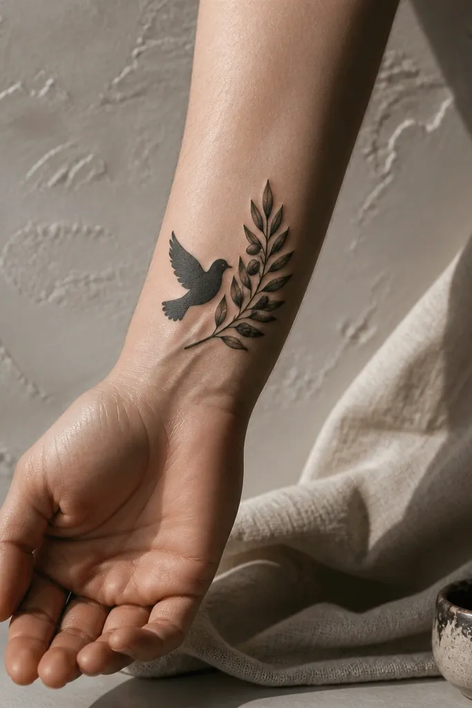 A small black dove silhouette perched above an olive branch on the upper arm. The dove has simple negative-space wings and the branch below has crisp leaves with tiny gray highlights. The overall emblem sits centered like a badge, with lots of skin showing around it.