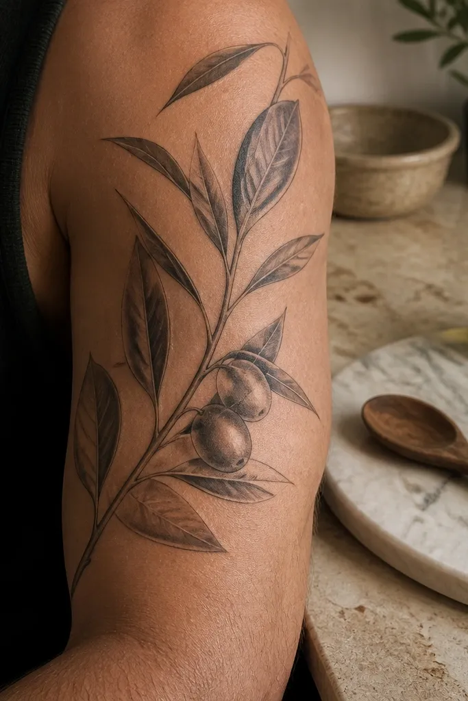 A medium-size olive branch on the forearm where the shading inside the leaves looks like marble - soft gray and white vein streaks with a gentle gradient. The outlines are crisp black, and each leaf has a few vein lines that look like stone. The stem is shaded lightly, and the overall piece has a smooth, high-end finish.