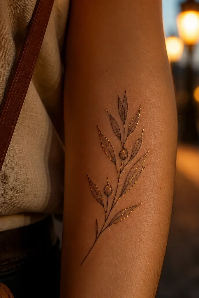 A fine olive branch on the inner wrist with crisp black lines and tiny dotwork clusters along leaf edges. The dots create a gold-like sparkle effect without actual metallic ink. The stem is thin, with small gray shadows under the leaves and a few olive fruits as small ovals.