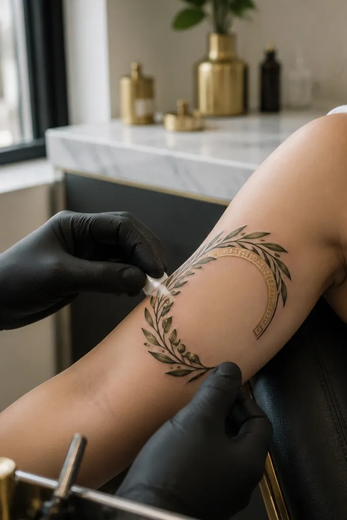 A half-circle composition on the upper arm where a Greek key pattern forms the outer arc. Inside the arc, an olive branch grows upward from the base, with overlapping leaves and soft gray shading. The stem is slightly thicker at the bottom and tapers toward the top, giving a gentle mandala feel.