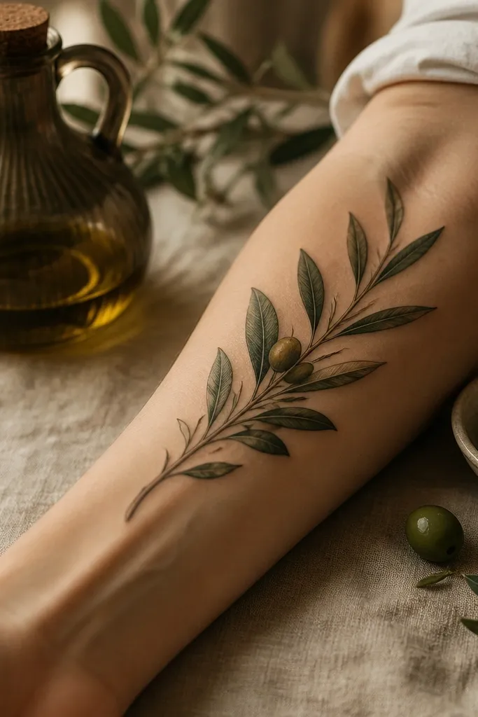 A realistic olive branch on the calf, drawn with crisp leaf shapes and a small cluster of olives near the middle. The leaves have visible vein lines and subtle gray shadows, and the olives are small ovals with dark centers and lighter highlights. The branch curves naturally, with a few leaves pointing outward.