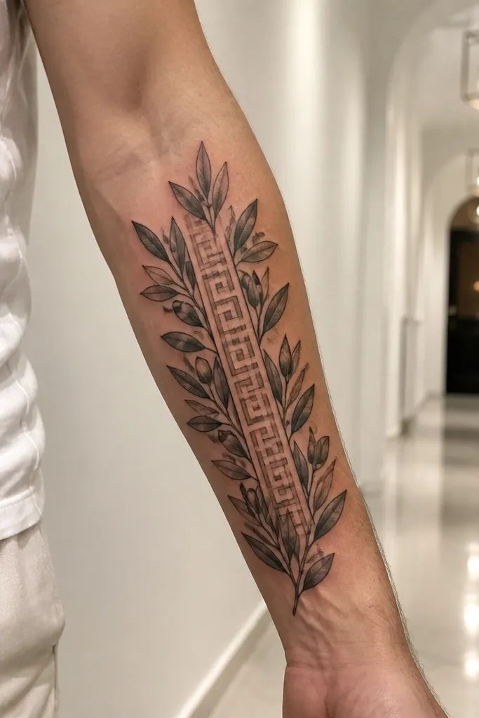 A forearm olive branch where the shading is minimal, and the Greek key appears as negative space bands between leaves. The black linework outlines leaves and stem, and between the leaves you see the skin forming a ladder-like Greek key pattern. The overall look is crisp, airy, and light-catching.