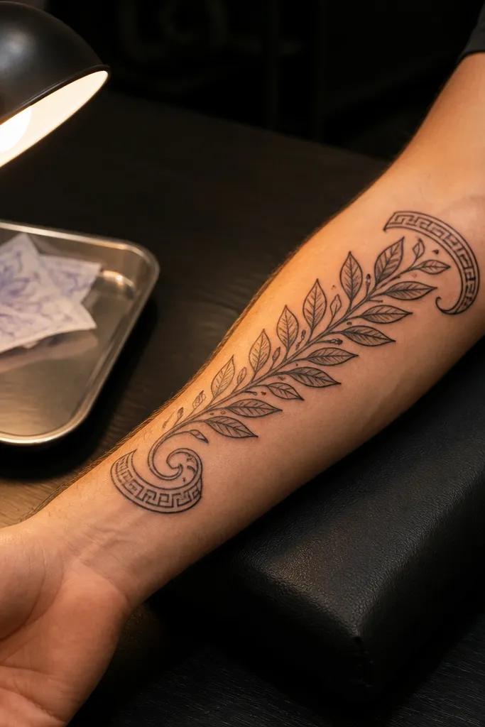 A long, horizontal olive branch across the back of the shoulder with ornate Greek key vines at both ends. The central branch is delicate with layered leaves and soft gray shading, while the ends have tighter Greek key curls like vine tendrils. The tattoo looks balanced and symmetrical, with lots of skin showing between leaf clusters.