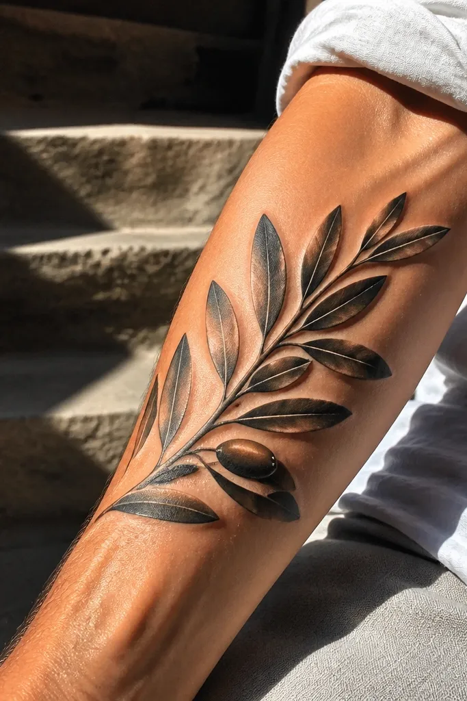 A bold olive branch on the outer bicep with strong black outlines and sculpted 3D shadows along leaf edges. Each leaf has a dark-to-light gradient on one side, and highlights are left as clean skin gaps along the opposite edge. The olives are small and shaded with a smooth gradient to look rounded.