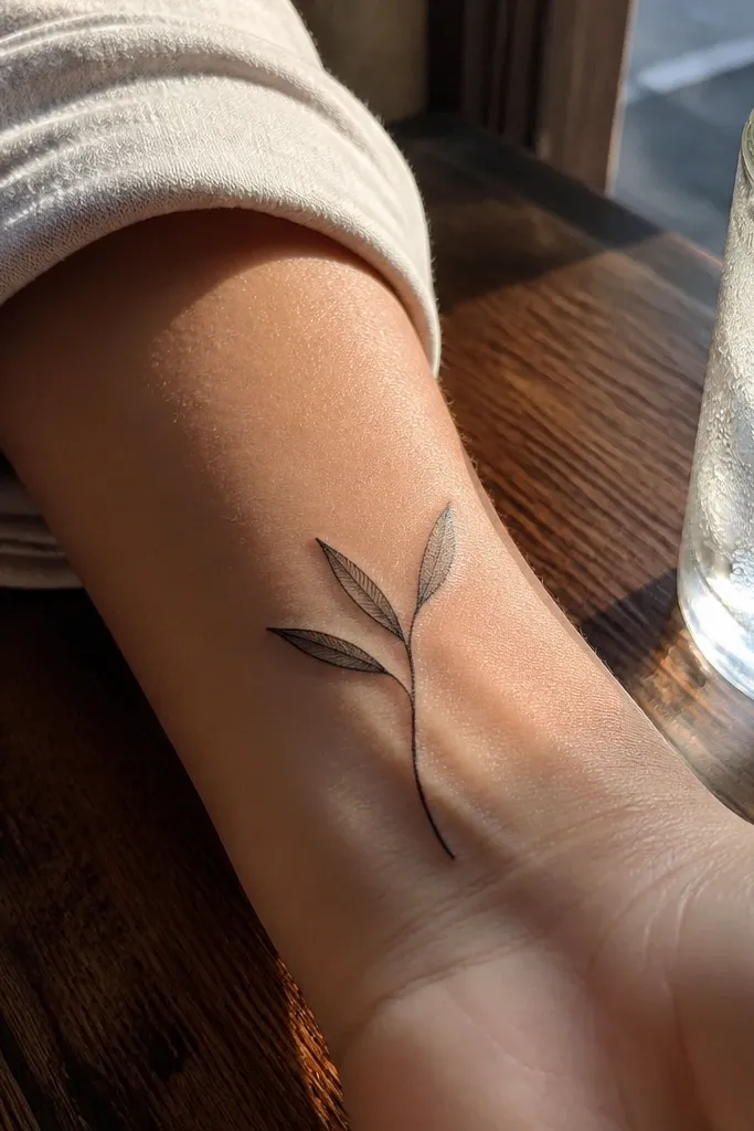 A delicate olive branch tattoo on the inner wrist with one thin continuous stem and exactly three small leaves. The leaves are simple teardrops with a tiny notch at the top, and the branch ends near the center of the wrist. The skin shows natural wrist texture and the lines look light and crisp.