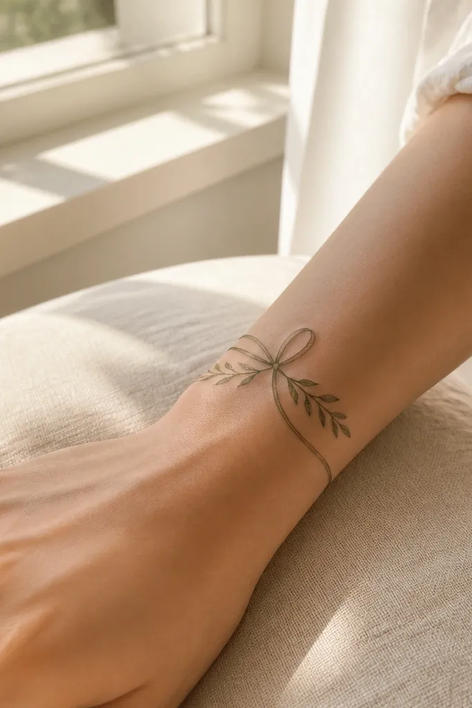 A small olive branch wrapping into a gentle ribbon loop on the inner wrist. The stem forms a soft oval shape, and micro leaves dot the curve in a repeating pattern. The leaves are tiny and the loop has visible skin gaps between leaves.