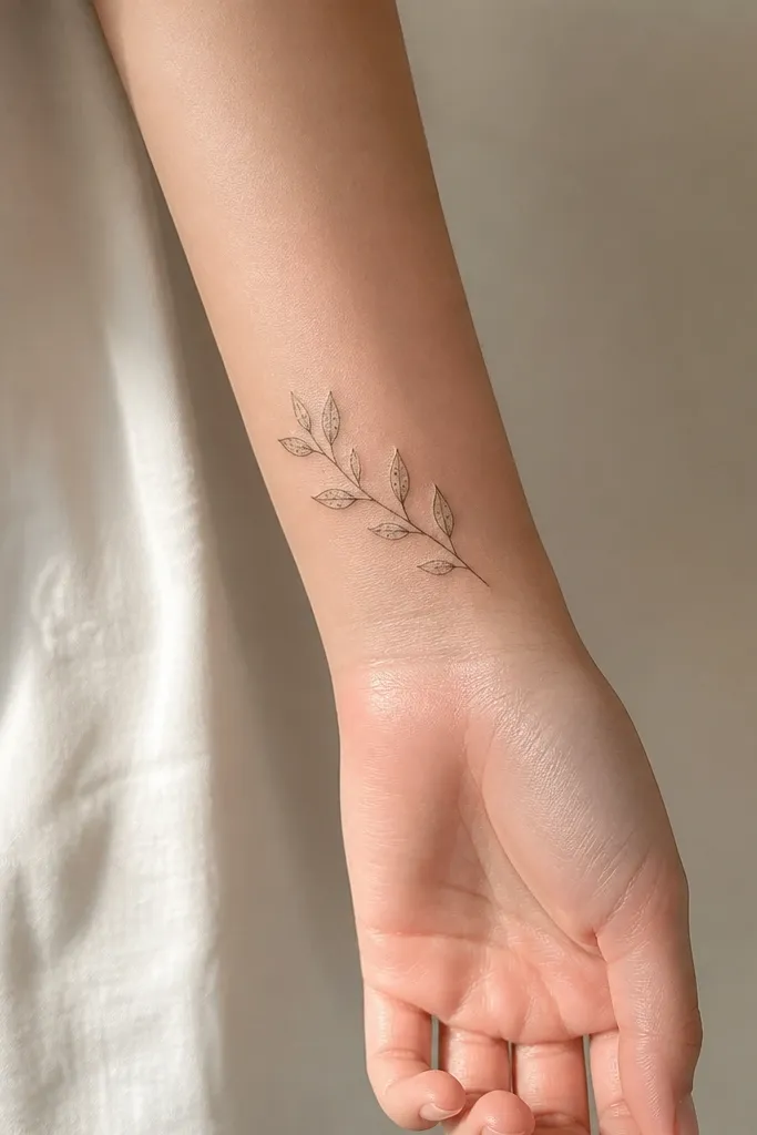A thin olive branch on the outer wrist with small teardrop leaves. Each leaf has a few tiny dot clusters in the center, while the stem and leaf outlines stay crisp. The tattoo is light in color and the surrounding skin remains clear with no grey wash behind the branch.