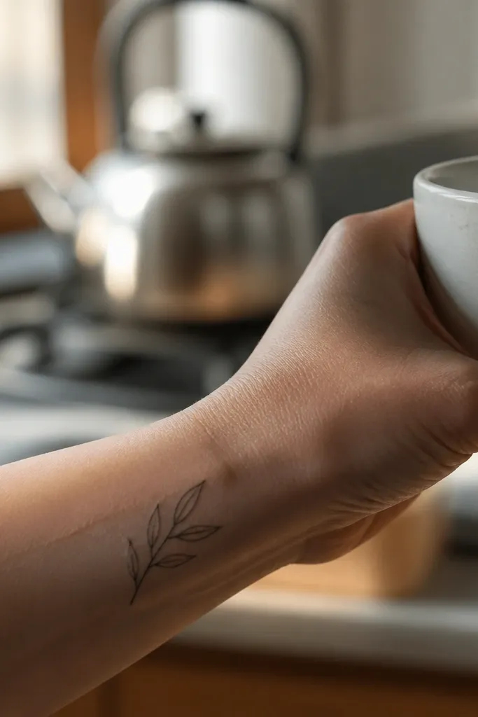A micro olive branch on the inner wrist with very small leaves. Each leaf has a thin central line spine drawn from base to tip, while the outer outline stays minimal. The stem is a single thin line, and the overall piece is spaced with lots of skin showing.