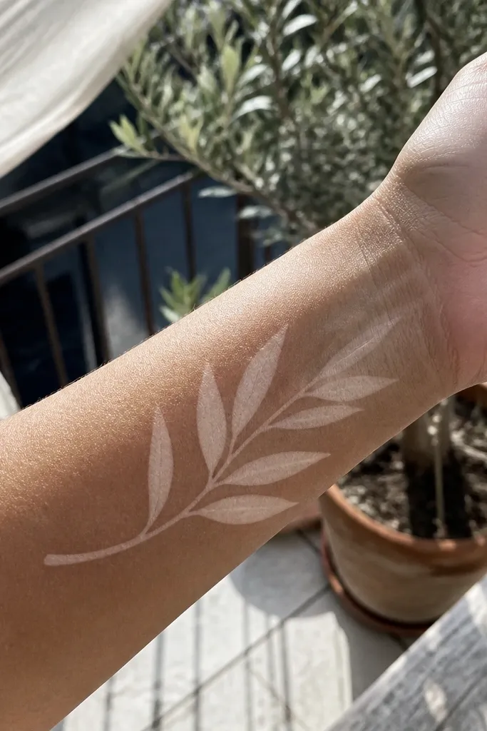 A fine olive branch tattoo on the inner wrist where the leaves are drawn as outlines with intentional gaps. Some leaves have cutout shapes inside the outline, leaving clear skin patterns instead of filled pigment. The stem is thin and curves upward toward the thumb side.