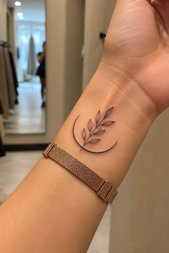 A delicate olive branch on the outer wrist sitting on a thin crescent arc. The stem rises from the arc and ends with two small leaves near the top. The arc line is just as fine as the stem, with lots of skin visible around it.